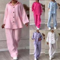 Clothing Summer 2 piece Set Large Cotton Linen Shirt Set High Waist Loose Pants