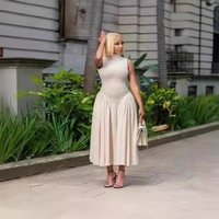 Women's Clothing Summer New Stand Up Collar Temperament Pleated Patchwork Waist Long Skirt Dress Dress