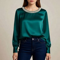 Women's Pearl Neckline Satin Blouse - Elegant Long Sleeve Top For Work & Evening | Wrinkle-Resistant Polyester Shirt(Black, White, Beige, Green)
