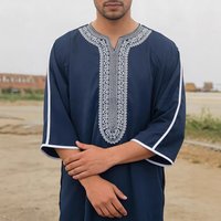 Men's Ramadan Thobe With Embroidery – Premium Polyester-Spandex Islamic Robe (S-Xxl, Navy Blue) – Gandoura Style Modest Wear