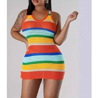 crew neck sleeveless striped cutout knit vest dress