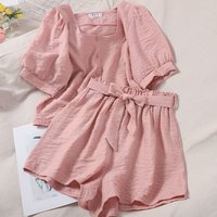 Women’s Clothing Summer New Square Neck Puff Sleeve Short Sleeve Top Elastic High Waist Wide Leg Shorts Small Two Piece Suit