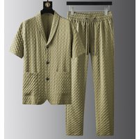 High End Quality Summer Short Sleeved Suit Casual Suit Fashion Plaid Jacquard Stretch Two Piece Suit Handsome