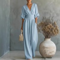 Elegant V Neck Waist Defining Jumpsuit Chic Wide Leg Romper Ruffle Detail Flattering V Neckline