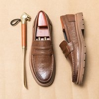 Slip-on, Laceless Driving British Style Casual Leather Shoes, Trendy Thick-soled Men's Shoes Wholesale