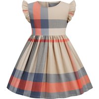 Mother & Kids 2024 spring and summer new round neck small flying sleeve pure cotton dress girls short-sleeved plaid skirt