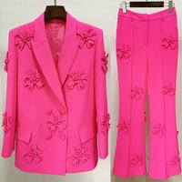 Women's Clothing Heavy Duty Three Dimensional Flower Elegant Double-Breasted Suit Set With 3D Floral Embroidery - Matching Blazer & Trousers