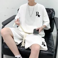 Waffle Tracksuit Casual Loose Plus High Street Trendy Brand Printed Summer Two Piece Set Short Sleeved Shorts