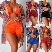 women's split three-piece long-sleeved bikini net celebrity solid color boxer pants blouse swimsuit