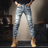 Men's Clothing Patched Handsome Jeans For Men With Multiple Pockets, Trendy Slim-fitting Pants With Contrasting Color Patches And Stretch Trousers