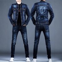 Men's Clothing New Style Rhinestone Denim Suit Men's Pants Trendy Slim Fit Denim Jacket Autumn/Winter European Style