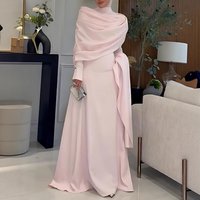 Elegant Pleated Evening Gown With Train - Long Sleeve High Neck Formal Dress For Weddings & Parties - Pink