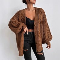 Retro V Neck Cable Knit Sweater Fashion Loose Cardigan Lantern Sleeves
