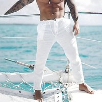 Mans clothing Linen summer beach pants draw rope elastic waist pleated plain comfortable breathable casual everyday fashion dress pants