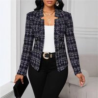 Elegant Checkered Blazer Slim Fit Long Sleeve Tweed Jacket Breathable Polyester Spandex Blend No Closure Design Effortless Layering