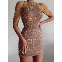 Halterneck sexy crystal tassel hip covering sequin dress mid waist evening dress