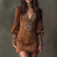 Women's Long Sleeved V-Neck Dress Sexy Embroidered American Style Casual Elegant Fashion Summer Dress For Ladies