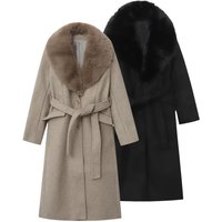 Elegant Belted Wool Coat For Women - Winter Long Trench Coat With Faux Fur Collar, Slim Fit, Double-Breasted, Street Style (Khaki/Black, XS/S/M/L)