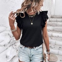 Ruffled Sleeveless Crew Neck Top Solid Casual T Shirt Spring Summer Autumn Comfortable Breathable Loose Fit T Shirt