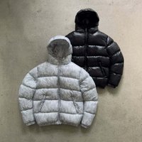 Men's Winter Puffer Jacket With Geometric Print, Thickened Hooded Short Coat, 80% White Duck Down Filling, Lightweight Polyester Shell (Black, Grey)
