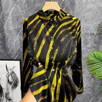 Clothing Gilded segment dyeing Satin leopard print irregular stripes silk long sleeved shirt silk top