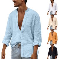 Solid Linen Stand Collar Cardigan Long Sleeve Loose Shirt