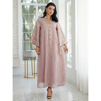 Elegant Muslim Abaya Dress Embroidered Lace Sequins Long Sleeve Flared Gown