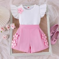  Floral Short Sleeve Top + Shorts Set – Breathable Cotton Summer Outfit Ages 4 7