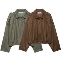 Women’s Faux Suede Bomber Jacket – Stylish Stand Collar, Lightweight Polyester, Trendy Streetwear Essential, Brown/Dark Green/Black, XS/S/M/L