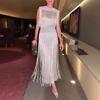 Elegant Fringe Party Dress Set – Sleeveless Metallic Midi Dress With Knit Top (Silver/Black/Pink) – 2025 Glam Evening Wear