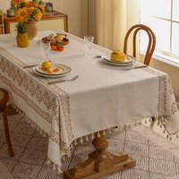 Linen Tablecloth Geometric Embroidery – Premium Thickened Rectangular Table Cover Oil & Heat Resistant Modern Minimalist Decor