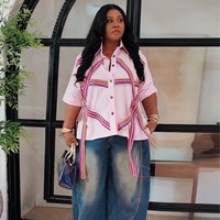 Women's Oversized Casual Shirt With Ribbon Detail & Color Blocking – Light Pink Patchwork, Loose Fit, Short Sleeve, Polyester Blend, Spring Fashion