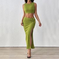 Women's Clothing Pleated Textured Slit Suit Summer Sleeveless Dopamine Vest Two Piece Suit