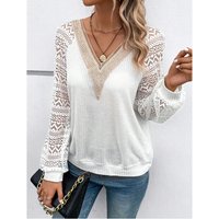 Women's long-sleeved V-neck stitching hollow lace see-through casual T-shirt