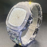 Hip Hop Style Luxury Square Diamond Quartz Waterproof Watch Luminous Hands Mineral Glass Stainless Steel Buckle