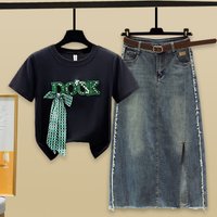 Clothing beaded bow short sleeved T shirt split raw edge denim skirt