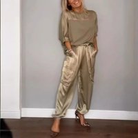 Clothing Fashion Smooth Satin Half sleeved Top Pants Set Two piece Set