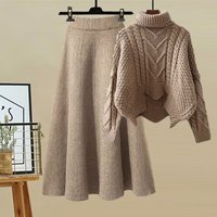 High Neck Knit Sweater Slimming Skirt Two Piece Set Autumn Winter Style Clothing