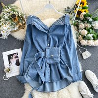 Versatile Denim Shirt With Adjustable Waist Tie & Backless Design – Multi-Way Styling For Women