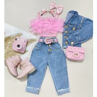 Mother & Kids Baby Clothing Girls Solid Color Halter Top + Denim Pant Suit