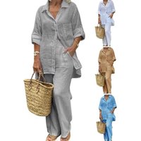 Lapel Long sleeved Cardigan Tops Pants Two piece Set