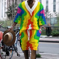 Men's Clothing Tech Plaid Print Large Size Drop Shoulder Men's Knitted Short Sleeve Shorts Set