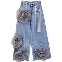 Women's Clothing Fashion Korean Style High Waist Wide Leg Jeans For Women - Distressed Denim With Flowy Straight Cut, Comfortable & Stretchy