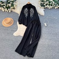 Fashionable Casual Autumn Outfit Set Loose Fit Rhinestone Long Sleeve Shirt & High Waist Wide Leg Pants
