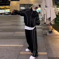  Trendy Casual Tracksuit Set Oversized Short Jacket & Wide Leg Pants Streetwear Two Piece Outfit Spring & Fall
