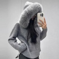 Vintage Hooded Knit Cardigan With Faux Fur Trim – Cozy Long Sleeve Zip-Up Sweater For Women (Black, Khaki, Cream, Light Blue, Pink, Smoke Grey)