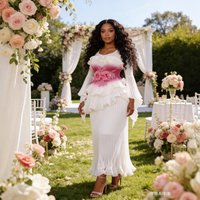 Elegant Pleated Maxi Dress – Gradient Ruffle & 3D Floral Bell Sleeve Dress 