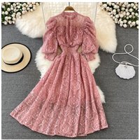 waist slim puff sleeve lace dress Bohemian seaside holiday long skirt