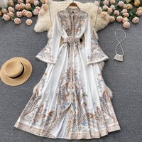 Women's Clothing Retro Stand Collar Trumpet Sleeve Printed Dress Palace Style Large Swing Knee Length Skirt