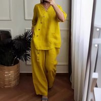 clothing solid cotton linen suit three quarter sleeve top wide leg pants two piece suit clothing